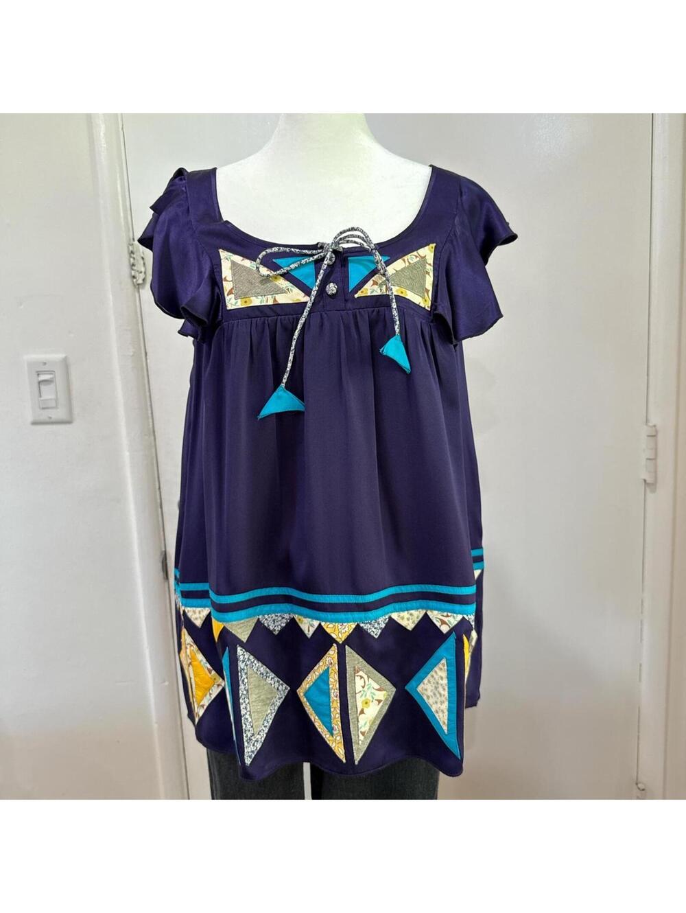Anna Sui Silk Boho Tunic Blouse – Navy Blue Embroidered (Size S)